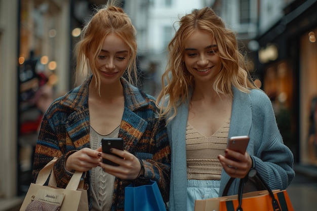 two women are looking at their phones and one is holding a bag with the other handbag