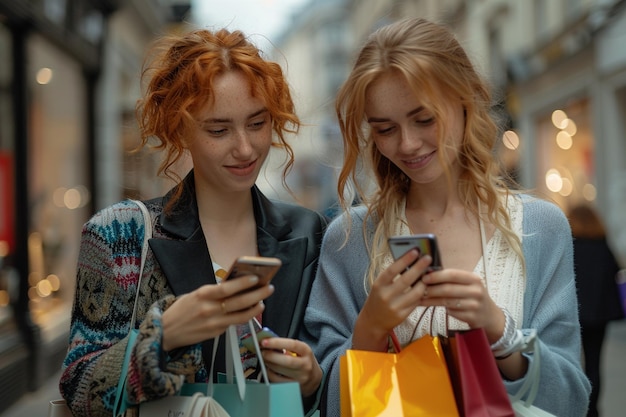 two women are looking at their phones and one is holding a yellow bag
