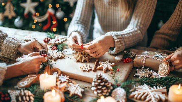 Two women are making gingerbread cookies for Christmas They are using cookie cutters in the shape of snowflakes and stars