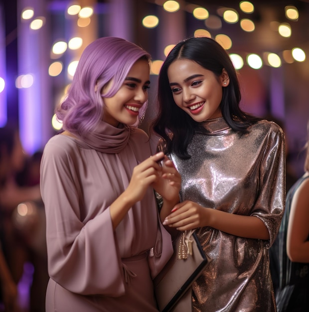 Two women are posing for a photo with one wearing a dress that says " the other ".