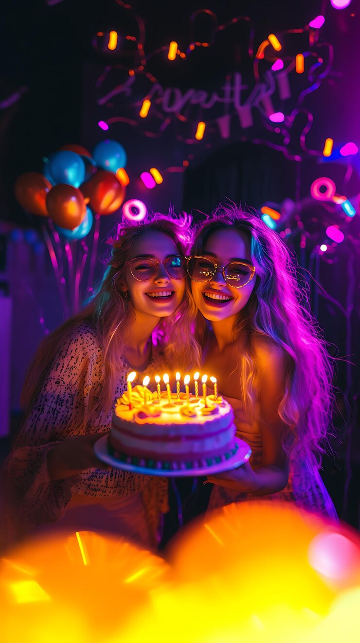two women are posing with a cake with lit candles