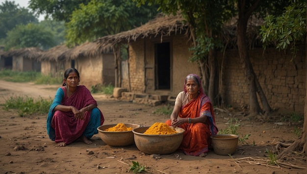 two women are selling food in front of a hut