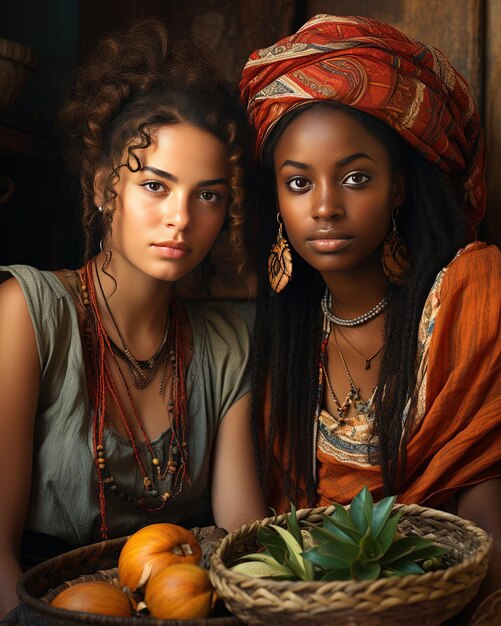 Photo two women are sitting next to a basket of fruit and a pineapple