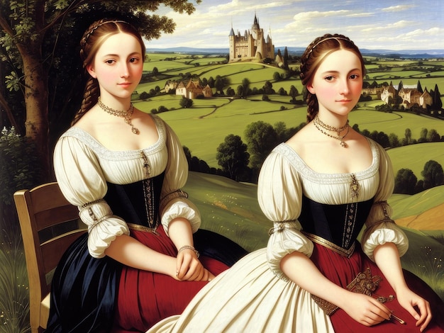 Two women are sitting on a bench in front of a landscape with a castle in the background.