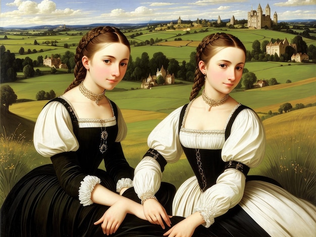 2人の女性が野原に座っており、1人は黒い服を着ている