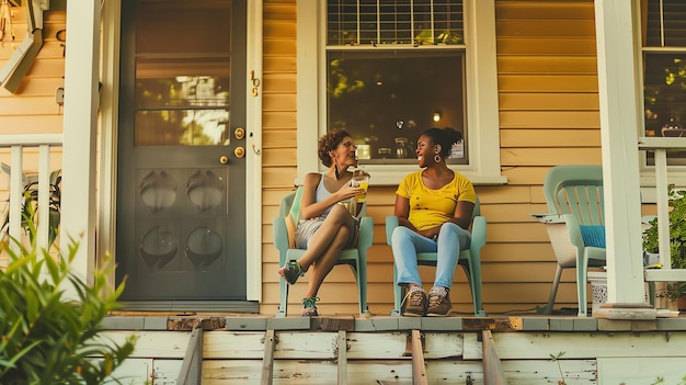 写真 2人の女性が家の玄関に座ってアイスティーを飲みながら話しています家は黄色で緑のドアがあります