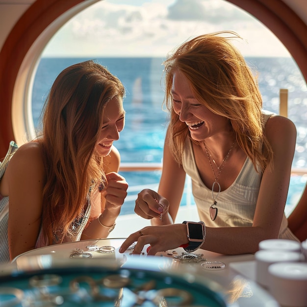 two women are sitting at a table and one has a watch on it