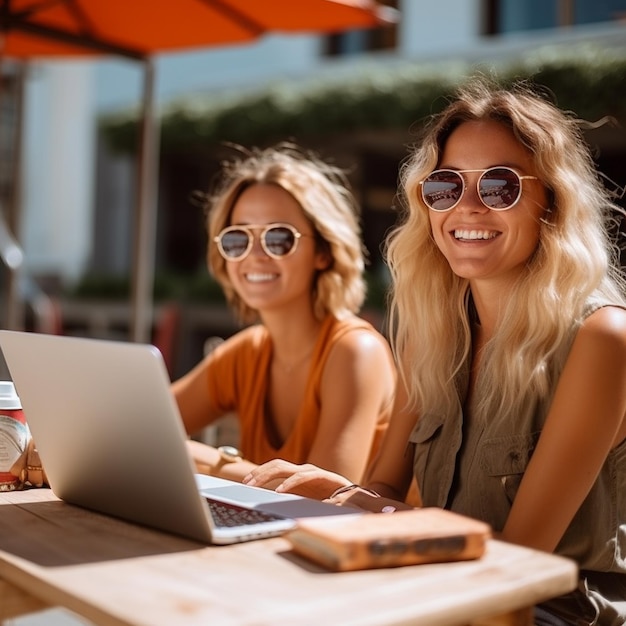 Photo two women are sitting at a table with a laptop and the girl is wearing sunglasses