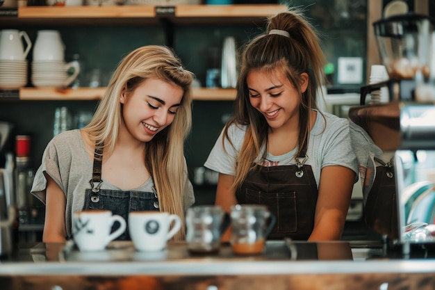 Two women are smiling at each other in a coffee shop