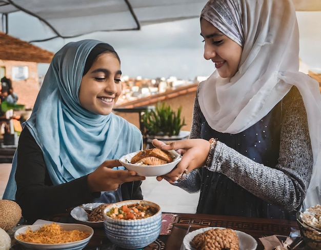 Photo two women are smiling and holding plates of food