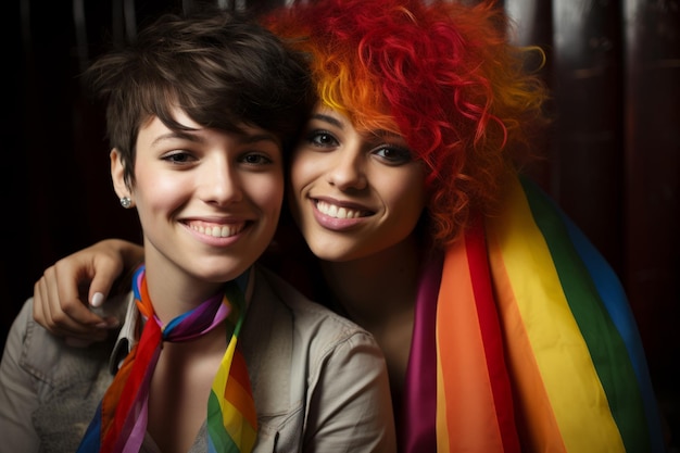 Foto due donne sorridono e si abbracciano mentre tengono bandiere arcobaleno