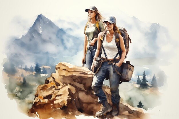 두 명의 여성이 배경에 산이 있는 산 위에 서 있습니다.