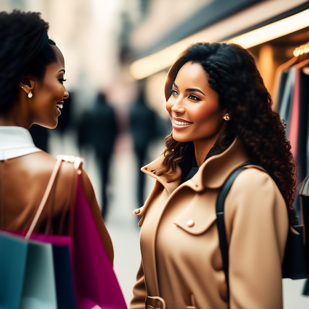 Две женщины разговаривают перед магазином с вывеской «Покупатели».