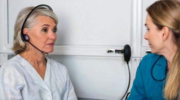 Photo two women are talking in front of a wall with a power outlet