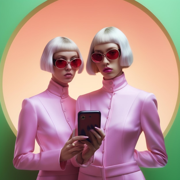 two women are wearing pink and black sunglasses and one is wearing a pink suit