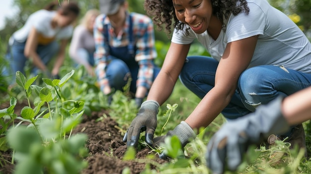 two women are working in a field with plants and one has a white shirt on