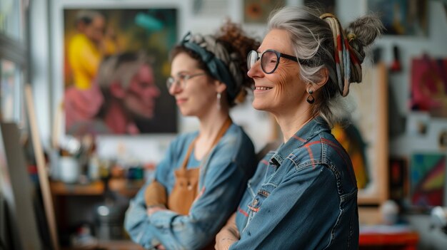 Photo two women artists in an art studio smiling and enjoying their creative environment