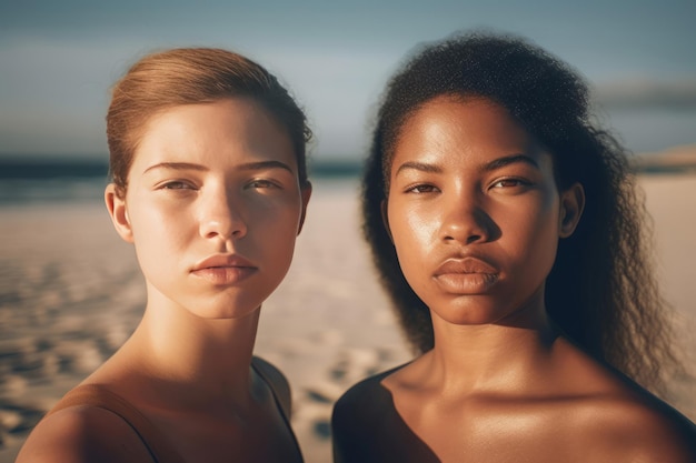 Two women beach Female friends on summer see vacation Generate ai