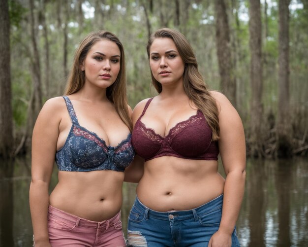 Two women in bikinis standing next to each other in a swamp