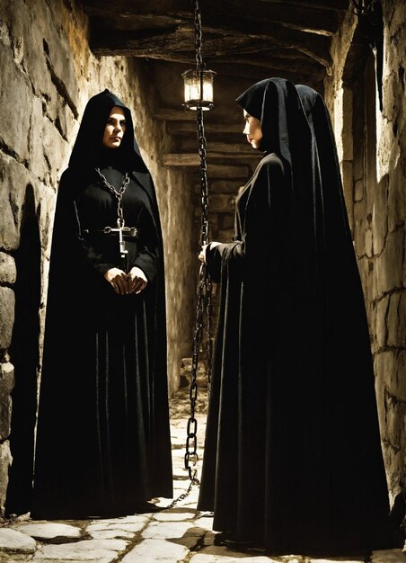 Photo two women in black robes stand in a dark room