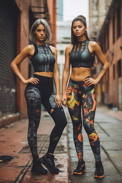 Premium Photo  Two women in black tops and leggings stand on a brick  sidewalk