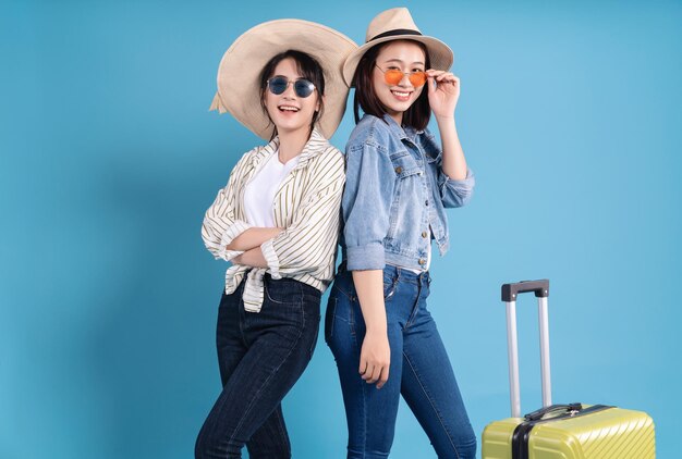 Two women on blue background