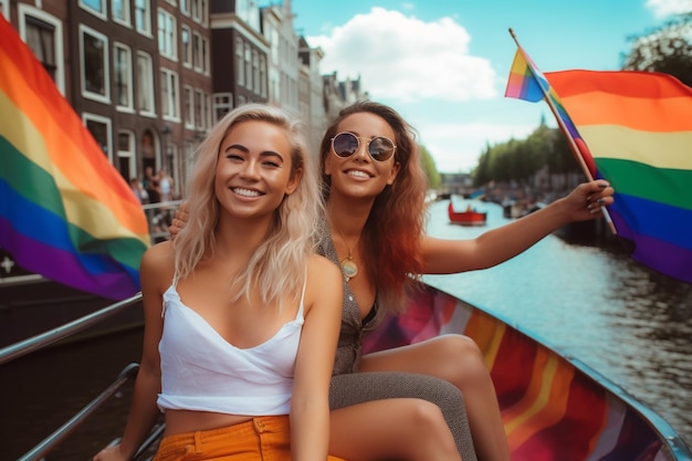 Two women on a boat with a rainbow flag in the background