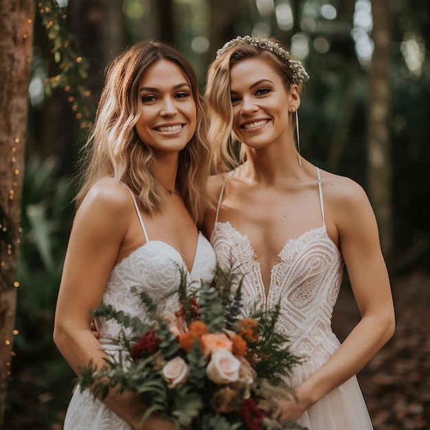 Foto due donne in abito da sposa sorridono con un bouquet di fiori in una foresta