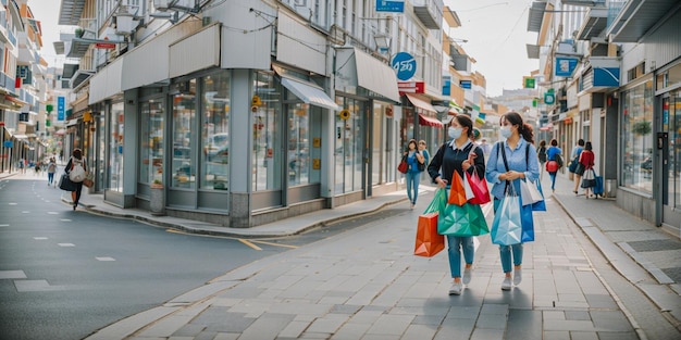 Two women carrying shopping bags on a city street