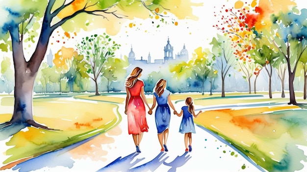 Two Women and a Child Walking in a Park Watercolor