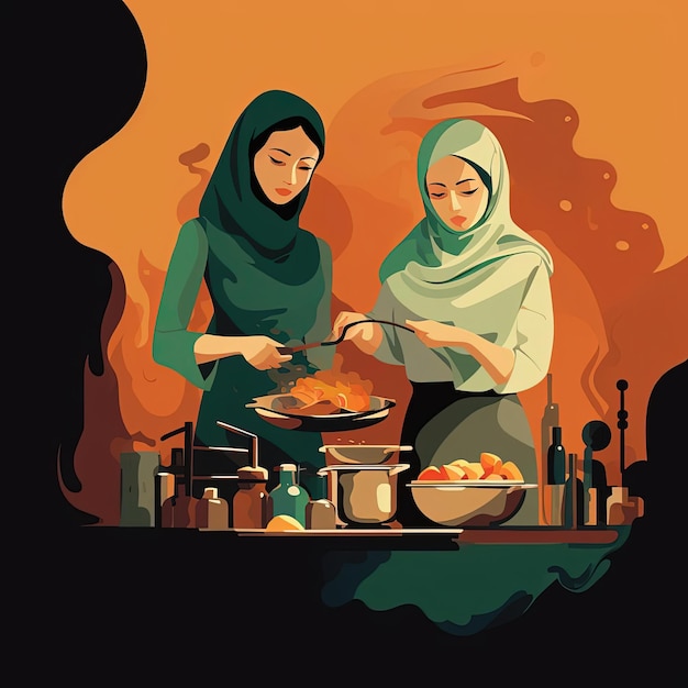 손으로 그린 애니메이션 스타일로 함께 음식을 요리하는 두 여성
