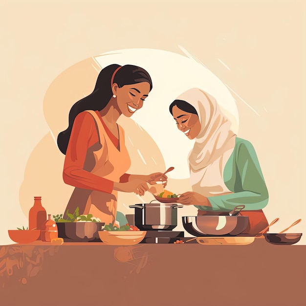 two women cooking food together in the style of handdrawn animation