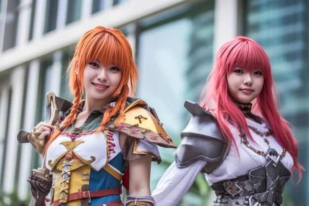 Two women in a cosplay with the word fire on the front.