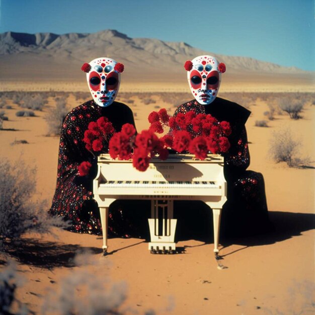Foto due donne in costume con fiori rossi siedono davanti a un pianoforte bianco.