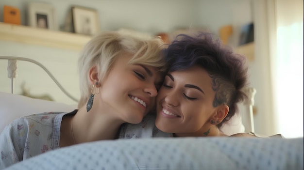 Two women cuddle on a bed, one of them has a blue shirt on.