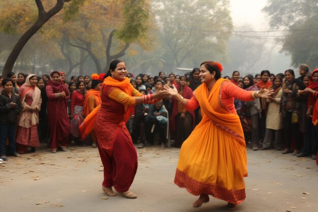 Photo two women dancing in front of crowd