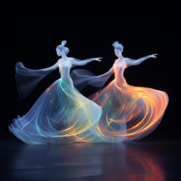 two women dancing with colorful lines on their backs, one of them has the other with the other one on the other.