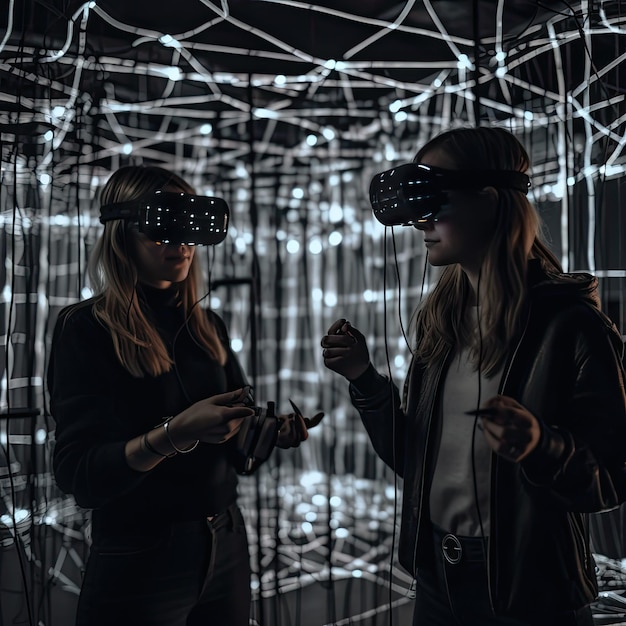 Two women in a dark room with a large display of lights.