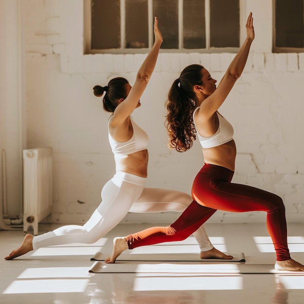 Photo two women doing yoga in a room with the words  yoga  on the floor