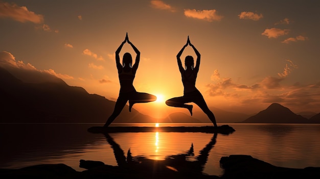 Two women doing yoga at sunrise silhouette concept
