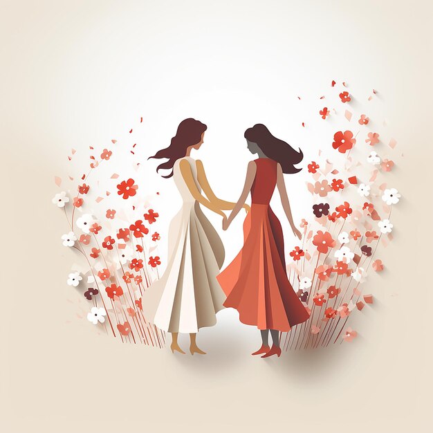 Two women in dresses hold hands on a beige background Valentine's Day Cute gay couple Girls love