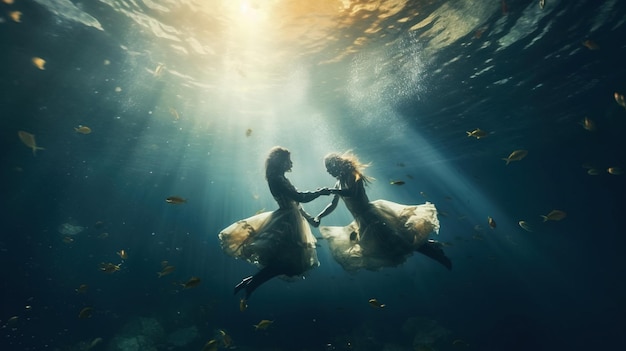 Two women in dresses holding hands under water Generative AI Art