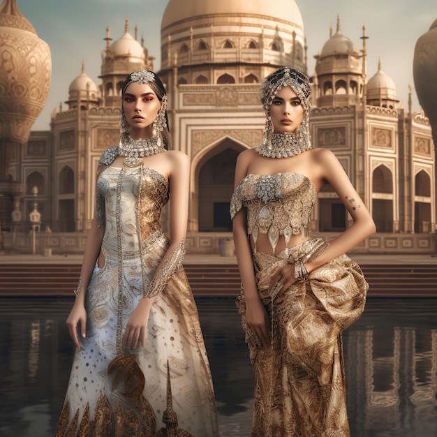 Two women in dresses stand in front of a building that says taj mahal.