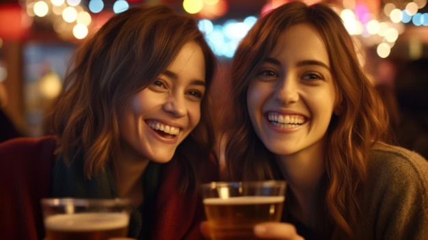 Two women drinking beer in a bar