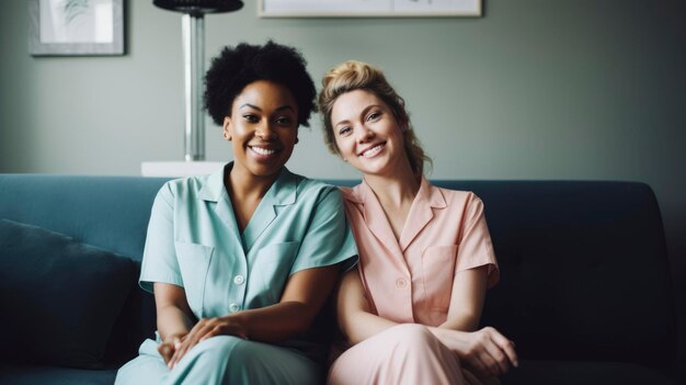 Two women embracing in a room Elderly care concept Generative ai