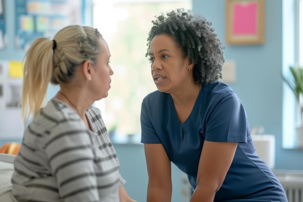 Foto due donne impegnate in una conversazione all'interno di una stanza che condividono pensieri e idee fisioterapeuta che fornisce supporto e incoraggiamento a un paziente in difficoltà ai generato