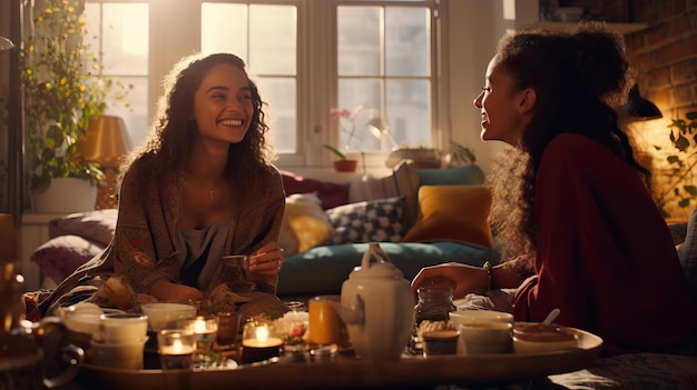 テーブルでコーヒーとお茶を飲みながら会話を楽しむ2人の女性一緒に暮らすレズビアンカップル