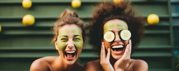 Two women enjoys a day in spa centrum Applying facial cucumber mask Closeup portrait generative ai