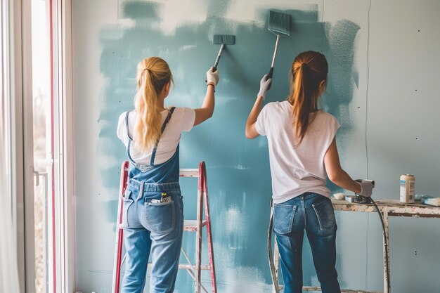 Two women expert painters at work during a house renovation Construction prowess transforms walls enhancing the beauty of the apartment and the essence of home