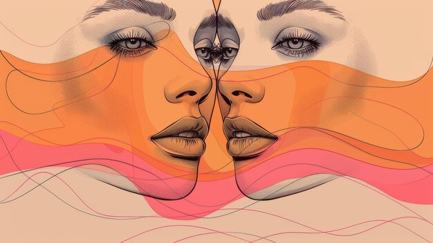 Two women faces combined with colorful lines Abstract design